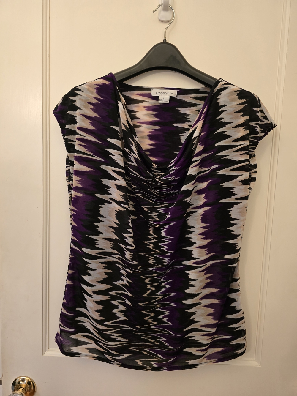 Liz Claiborne Purple Black White Patterned Cowl Neck Blouse LARGE